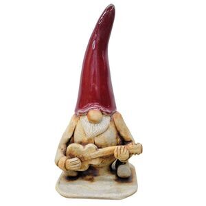 Vintage Gnome Playing a Guitar Pottery  Sculpture Figurine - Signed by Artist